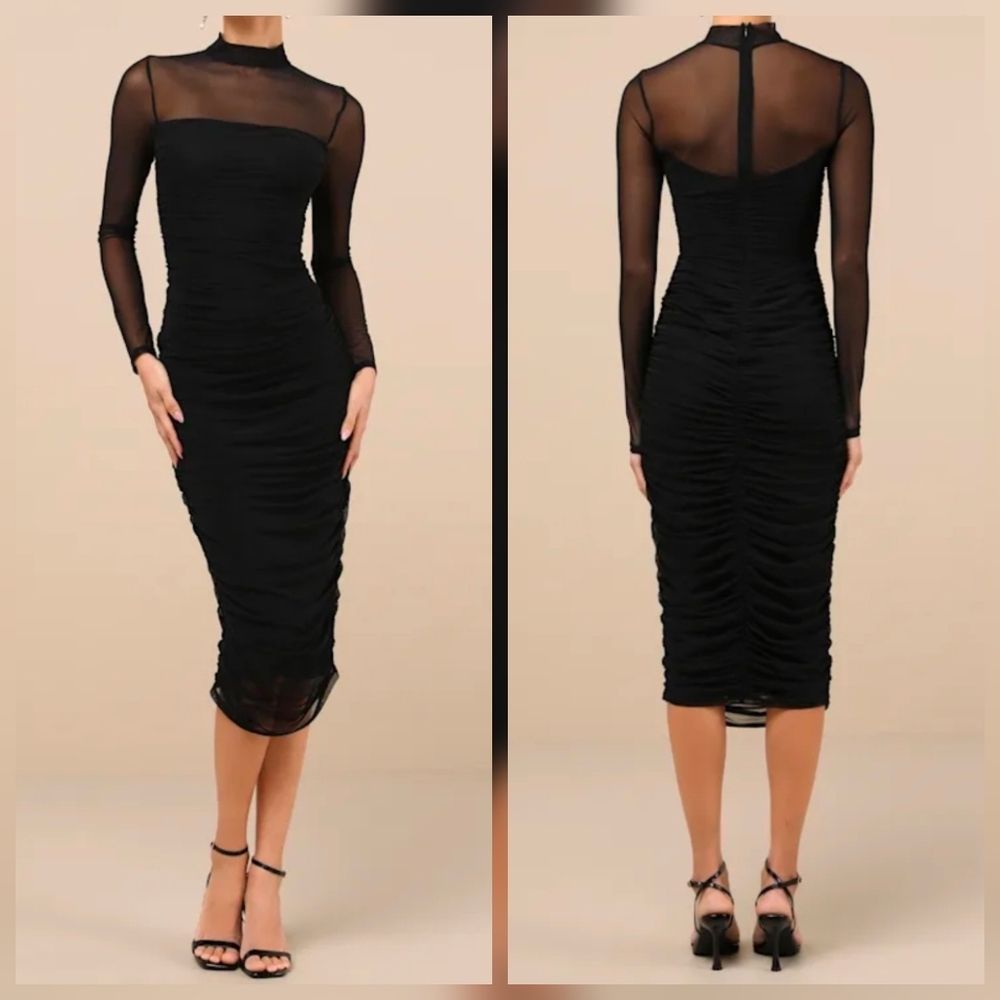 Lulus Impressive Flirt Black Mesh Ruched Mock Neck Midi Dress XXS